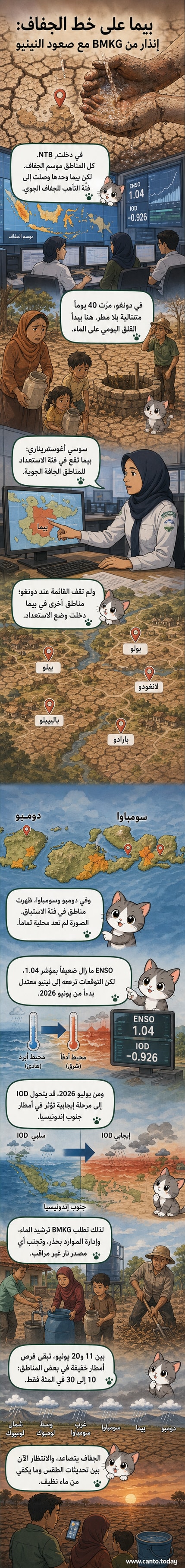 رسم توضيحي لمنطقة نوسا تينغارا في إندونيسيا مع خريطة جافة ومؤشرات تحذير من الجفاف بسبب النينيو