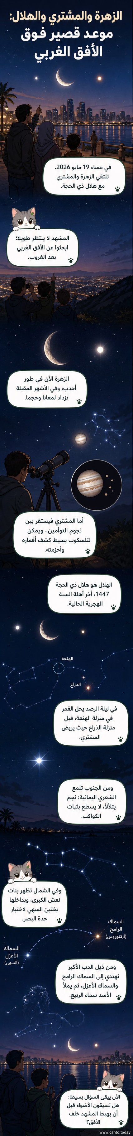 رسم توضيحي لسماء الليل يُظهر الزهرة والمشتري وهلالاً رقيقاً بينهما، مع خلفية من النجوم الساطعة وبنات نعش في الأعلى.