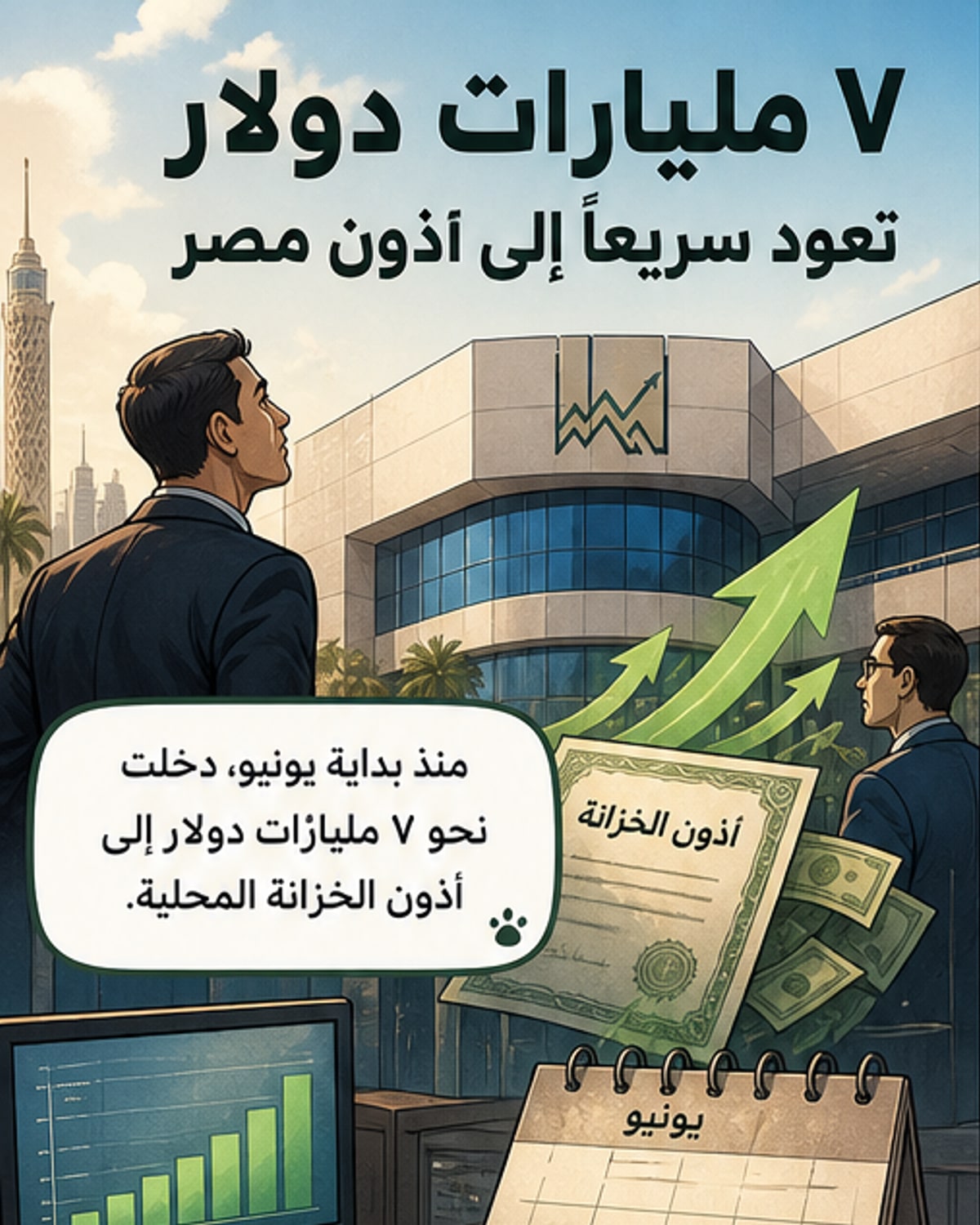 رسم بياني يوضح تدفق 7 مليارات دولار من الأموال الساخنة إلى مصر خلال 18 يومًا، مع ارتفاع الجنيه المصري مقابل الدولار