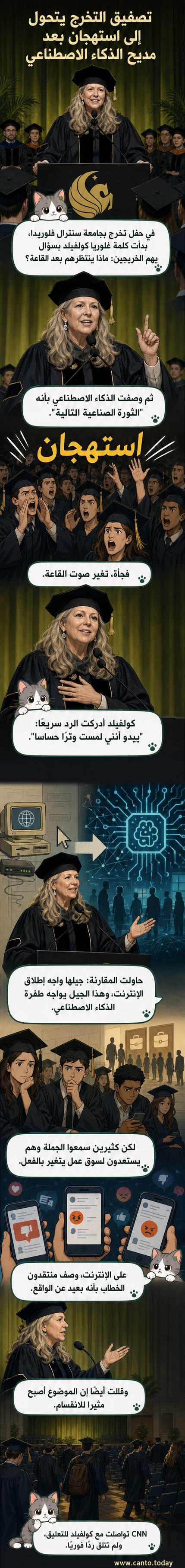 مشهد من حفل تخرج، حيث تقف متحدثة على خشبة المسرح بينما يُظهر بعض الحضور استيائهم من خطابها حول الذكاء الاصطناعي.