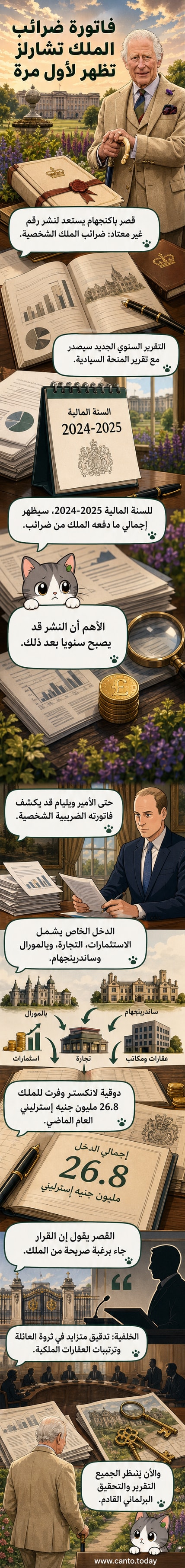 رسم توضيحي لملك بريطانيا تشارلز الثالث يقف أمام وثيقة ضريبية، مع خلفية قصر باكنجهام، وسهم يشير إلى رقم 26.8 مليون جنيه إسترليني.