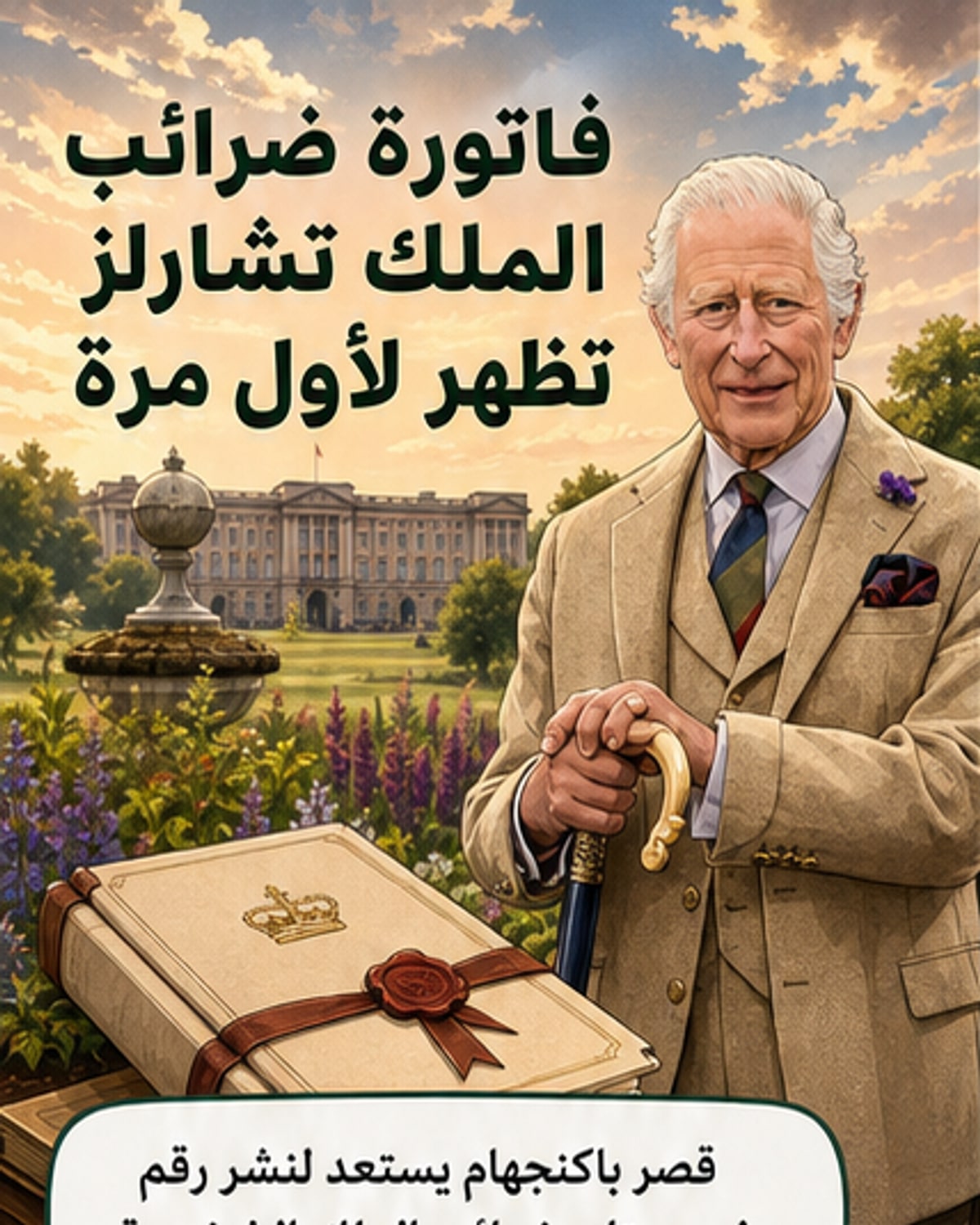 رسم توضيحي لملك بريطانيا تشارلز الثالث يقف أمام وثيقة ضريبية، مع خلفية قصر باكنجهام، وسهم يشير إلى رقم 26.8 مليون جنيه إسترليني.
