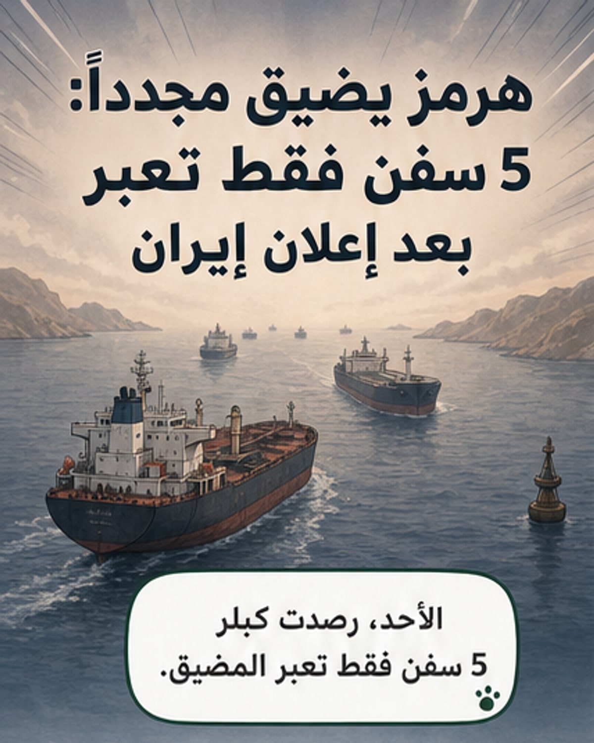 رسم توضيحي يظهر مضيق هرمز مع سفن شحن قليلة تعبره، وسهم يشير إلى تراجع العدد مقارنة بأيام سابقة.