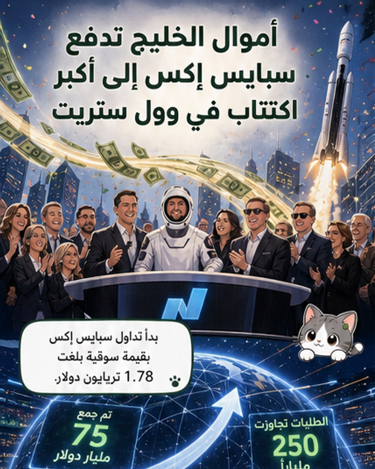 شاشة عرض لشعار سبايس إكس في بورصة ناسداك مع خلفية لصواريخ ورموز تكنولوجية، ترمز للاكتتاب التاريخي بمشاركة خليجية بارزة