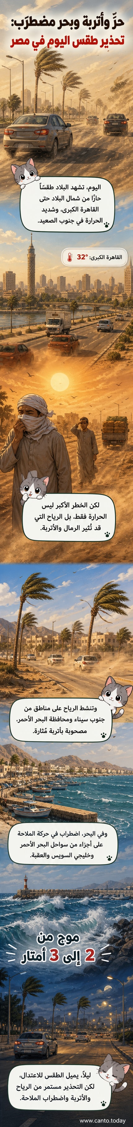 رسم توضيحي يظهر حرارة شديدة في جنوب مصر، ورياحًا مثيرة للأتربة، وأمواجًا عالية في البحر الأحمر وخليج السويس.