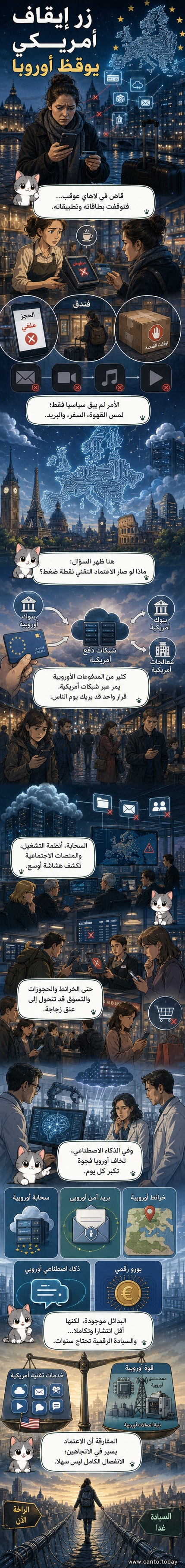 رسم توضيحي يظهر قارتي أوروبا وأمريكا متصلتين بسلسلة من الرموز التكنولوجية مثل بطاقة دفع، سحابة بيانات، وتطبيق مراسلة، مع إبراز رمز علامة تعجب على الطرف الأوروبي.