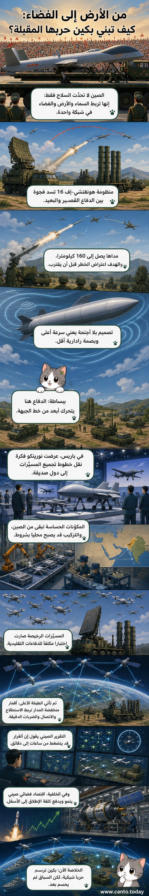 رسم توضيحي لمنظومة دفاع جوي صينية ومسيرات وأقمار صناعية تشكل شبكة عسكرية متكاملة من الأرض إلى الفضاء
