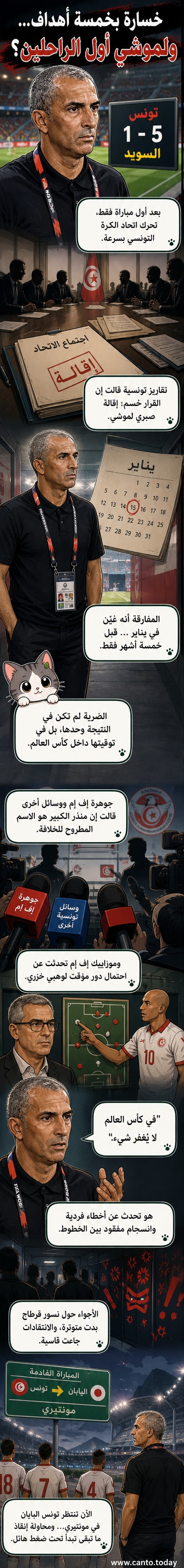 رسم كرتوني لصبري لموشي يغادر الملعب بوجه حزين، بينما يلوح جمهور تونسي بأعلام حمراء وبيضاء في الخلفية.