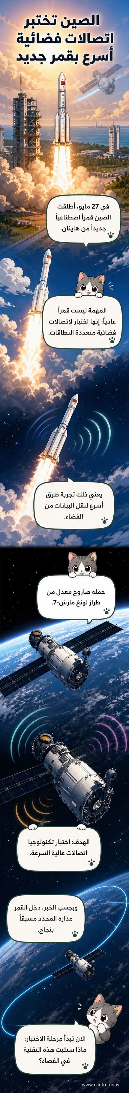 رسم توضيحي لقمر صناعي يدور حول الأرض مع إشارات اتصال تخرج منه، في خلفية فضائية داكنة.