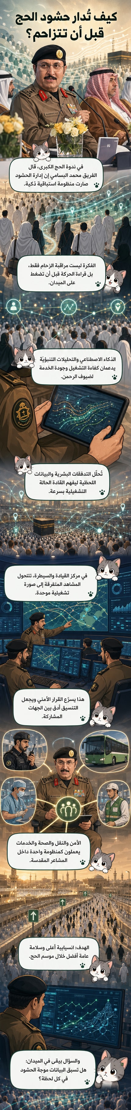 رسم توضيحي يظهر مركز قيادة وتحكم رقمي يراقب تدفق الحشود في المشاعر المقدسة باستخدام الذكاء الاصطناعي والبيانات اللحظية.