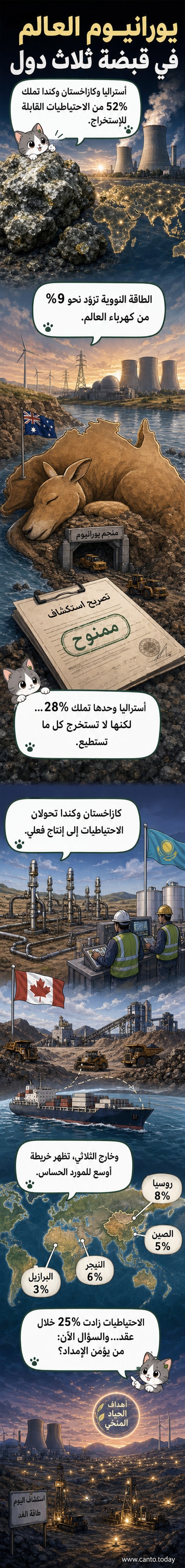 خريطة عالمية توضح توزيع احتياطيات اليورانيوم، مع تمييز أستراليا وكازاخستان وكندا كأكبر ثلاثة حائزين على الموارد.