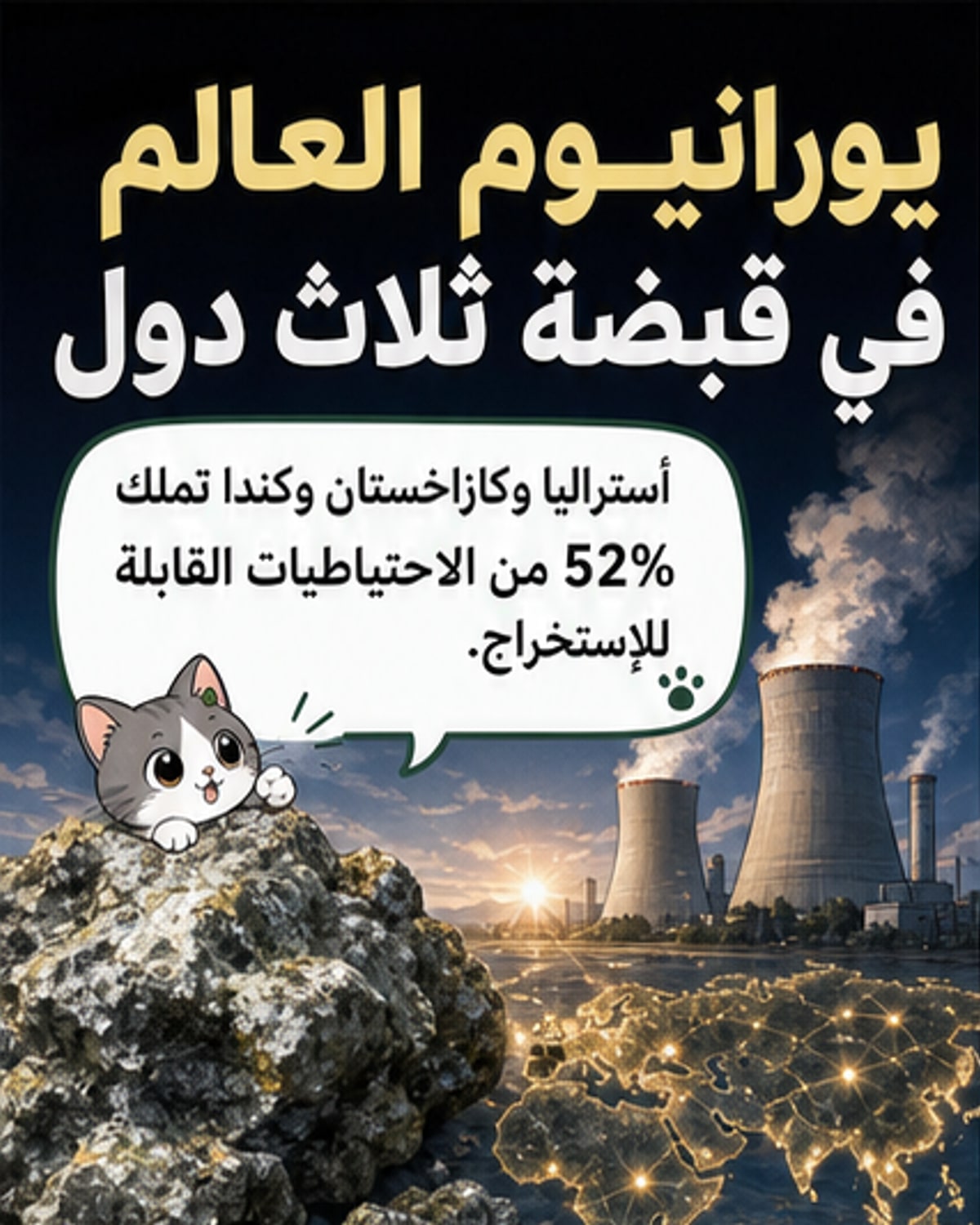 خريطة عالمية توضح توزيع احتياطيات اليورانيوم، مع تمييز أستراليا وكازاخستان وكندا كأكبر ثلاثة حائزين على الموارد.