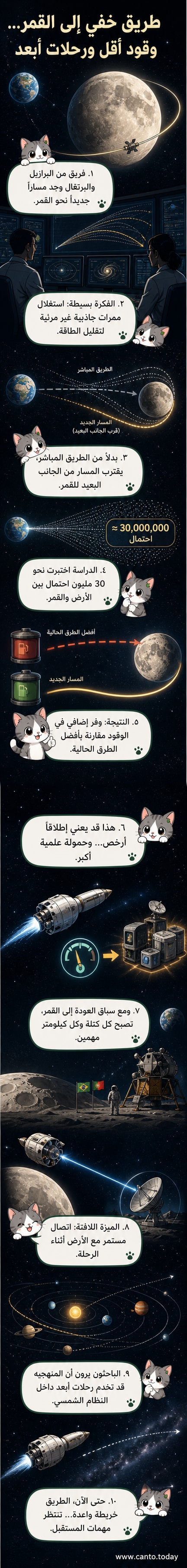 رسم توضيحي يظهر مسارًا فضائيًا غير تقليدي من الأرض إلى القمر عبر ممرات جاذبية خفية، مع إشارة إلى وفورات الوقود والاتصال المستمر مع الأرض