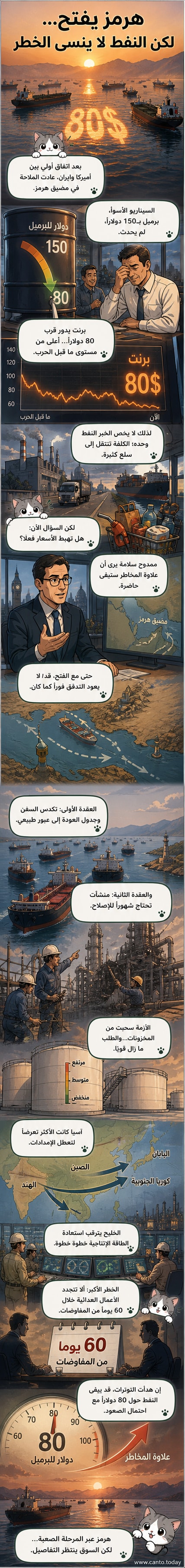 رسم توضيحي لمضيق هرمز مع ناقلات نفط تتحرك فيه، ومؤشرات على تراجع الأسعار وزيادة العلاوة الجيوسياسية