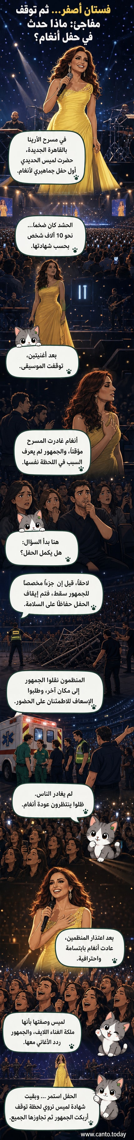 مطربة أنغام تقف على مسرح مضاء بثوب أصفر، بينما يلوح الجمهور في الخلفية، مع لافتة 'حفل أنغام' في الخلف.