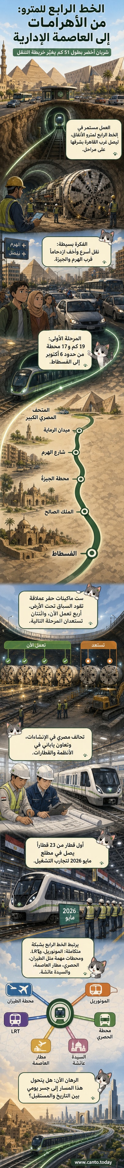 رسم توضيحي للخط الرابع لمترو القاهرة، يظهر مساره من الأهرامات إلى العاصمة الإدارية، مع محطات متصلة بالقطار الكهربائي والمونوريل.