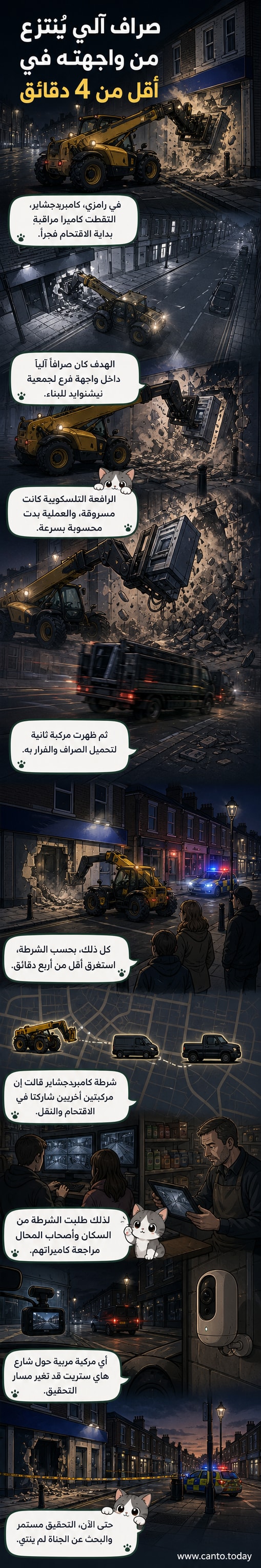 لقطة من كاميرا مراقبة تُظهر مركبة تحميل ثقيلة تستخدم رافعة لاقتلاع صراف آلي من واجهة فرع مالي في رامزي بإنجلترا.