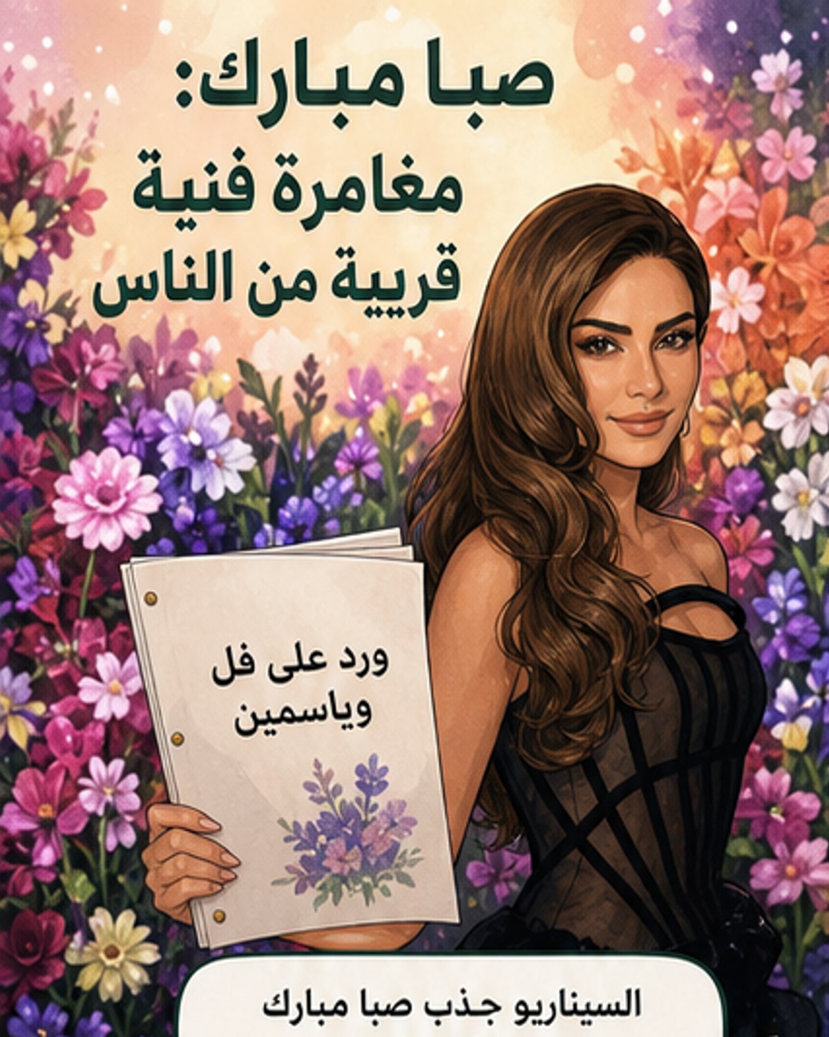 صبا مبارك في لقطة من مسلسل «ورد على فل وياسمين»، تظهر فيها بملابس بسيطة وتعبير هادئ، تجسّد شخصية «إلهام» في مشهد درامي.