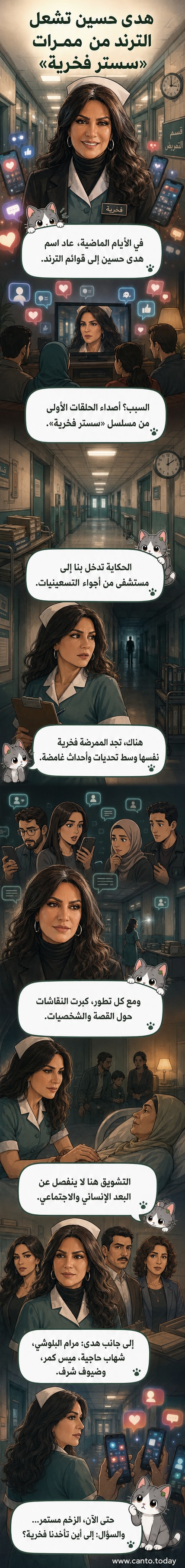 هدى حسين في دور الممرضة فخرية بمسلسل تلفزيوني درامي بحلة تسعينية، مع خلفية مستشفى قديمة