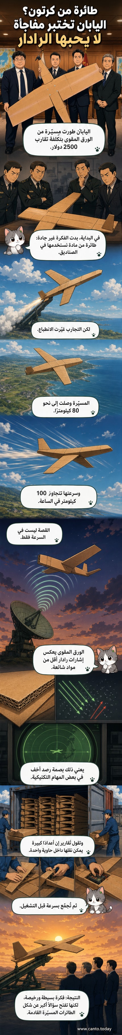 رسم توضيحي لطائرة مسيرة مصنوعة من الكرتون تحلق في السماء مع إظهار مقارنة بين هيكلها وشكل رادار غير قادر على اكتشافها