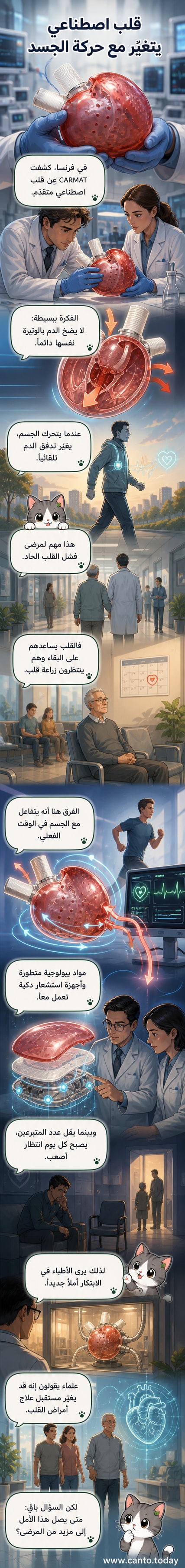 رسم توضيحي لقلب اصطناعي متطور بداخل جسم بشري، مع إبراز أجهزة الاستشعار والتدفق الدموي، في بيئة طبية حديثة.
