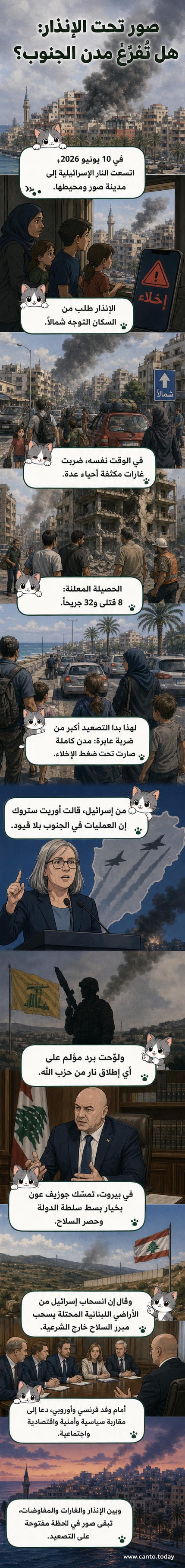 لوحة كرتونية تُظهر مدينة صور اللبنانية مع دخان يتصاعد من أبنيتها، وطائرات حربية في السماء، وسكان يهرعون للهروب حاملين أمتعتهم.