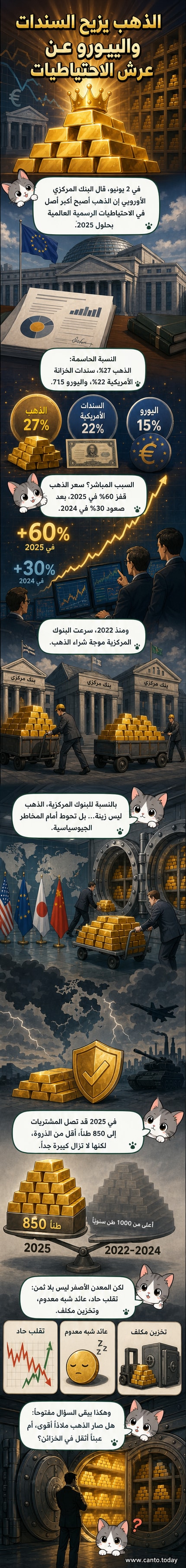 رسم توضيحي يظهر تاجًا ذهبيًا يعلو سندات أمريكية ويورو، مع خلفية تمثل احتياطيات البنوك المركزية العالمية.
