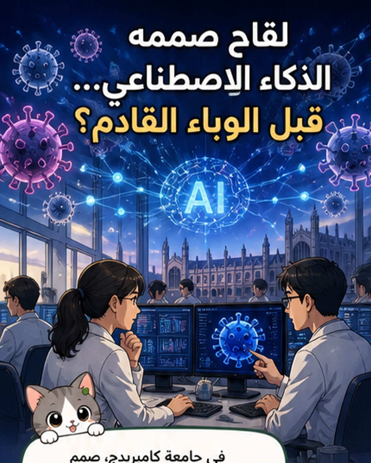 رسم توضيحي يظهر خلية مناعية تهاجم فيروساً، بينما يظهر رمز ذكاء اصطناعي يحلل سلسلة جينية لفيروس كورونا والخفافيش