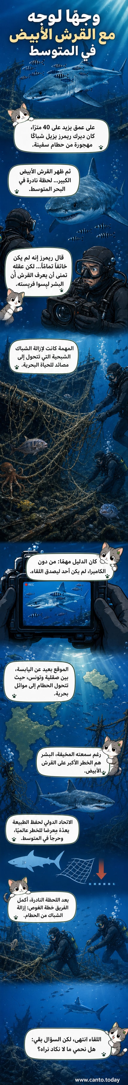 غواص يلتقط صورًا لقرش أبيض كبير في أعماق البحر المتوسط، بينما يطفو حول حطام سفينة مغطى بشباك صيد مهجورة.