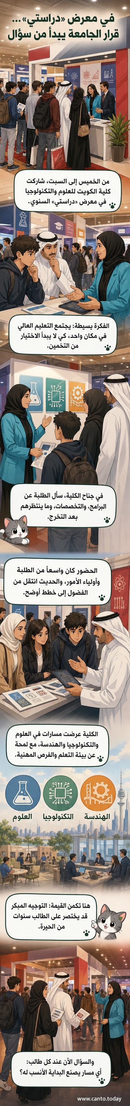 جناح كلية الكويت للعلوم والتكنولوجيا في معرض دراستي، مع طلبة وأولياء أمور يستفسرون عن البرامج الأكاديمية.