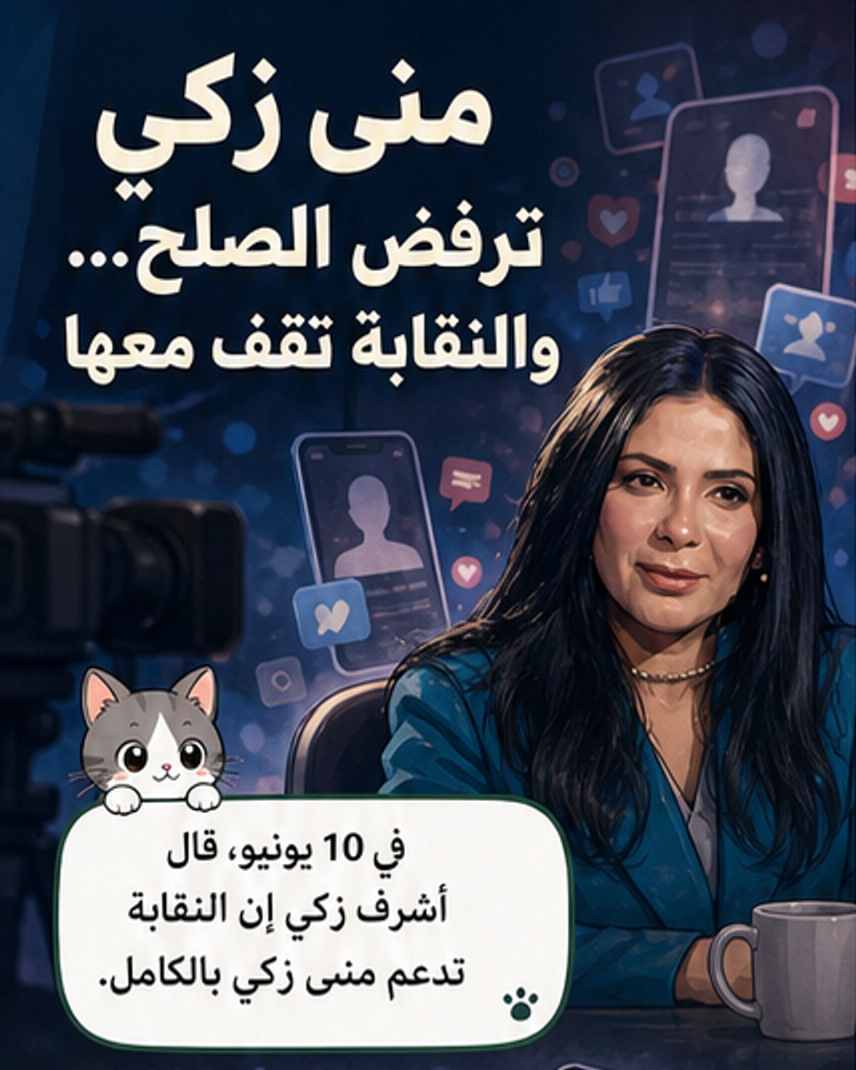 رسم توضيحي يظهر فيه وجه منى زكي على خلفية رقمية، مع إشارات إلى فبركة صور وصراع قانوني، وجانب آخر يعرض طابع فيلم سينمائي بعنوان Alone.
