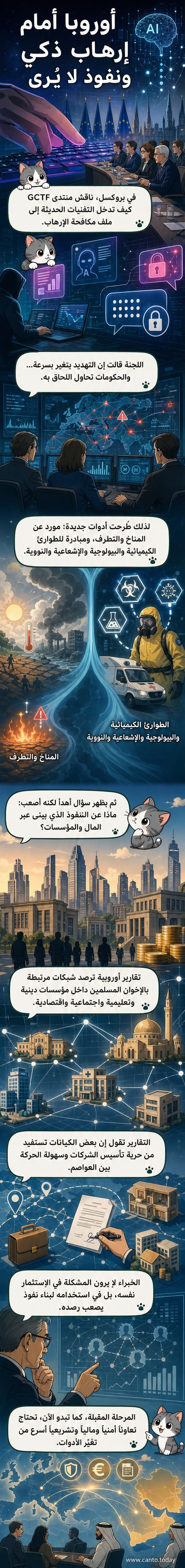رسم توضيحي يظهر شاشة كمبيوتر تعرض رموزًا رقمية وشبحًا يمثل النفوذ الخفي، مع خريطة لأوروبا في الخلفية.