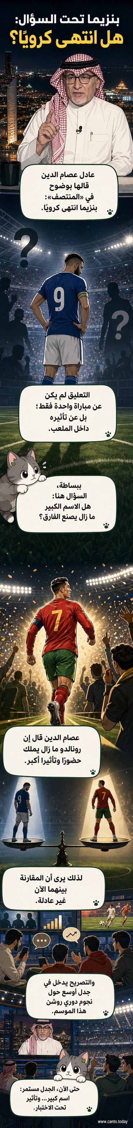 رسم كاريكاتيري للاعب كريم بنزيما جالسًا على مقعد بدلاء مع خلفية ملعب كرة قدم، وعبارة "انتهى كرويًا" مكتوبة بخط كبير فوقه.