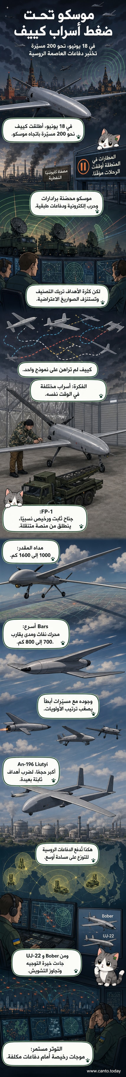 رسم توضيحي يظهر طائرات مسيرة أوكرانية من طرازات مختلفة تحلق باتجاه موسكو، مع خريطة تُظهر مسار الهجوم وصورة لمصفاة نفط مشتعلة في الخلفية.