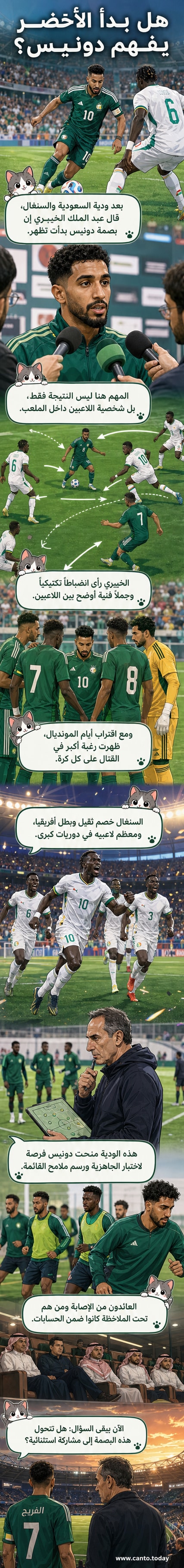 رسم كاريكاتيري للاعبين سعوديين يرتدون القميص الأخضر، وخلفهم المدرب دونيس يوجه التعليمات، بينما يظهر علم السنغال في الخلفية.