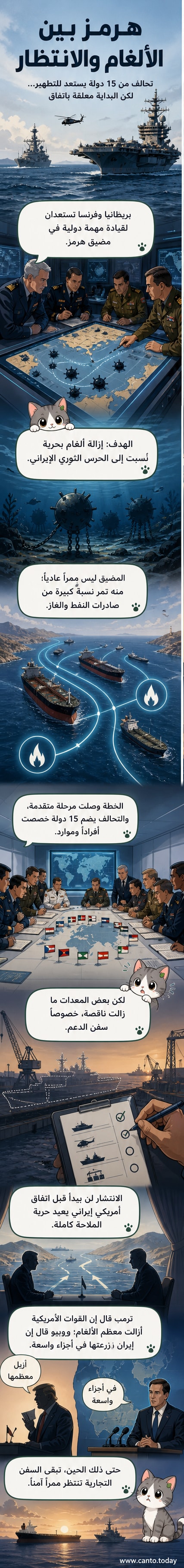 رسم توضيحي لمضيق هرمز مع سفن عسكرية من دول مختلفة تشارك في مهمة تطهير الألغام البحرية، في خلفية مشهد بحري متوتر.