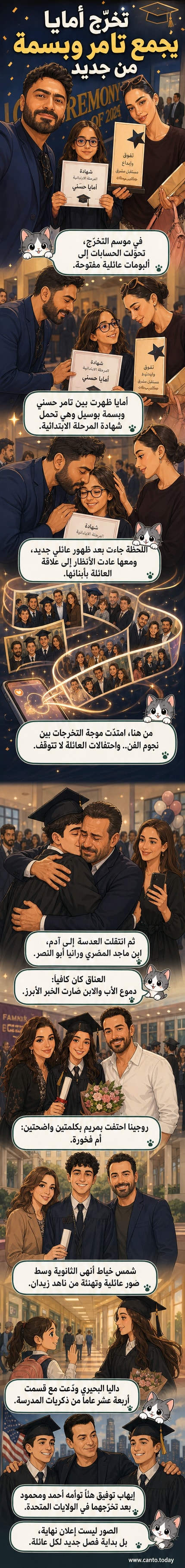 تامر حسني وبسمة بوسيل بجوار ابنتهما أمايا في حفل تخرجها، تظهر العائلة بابتسامات عريضة وشهادة تخرج في يد الفتاة.