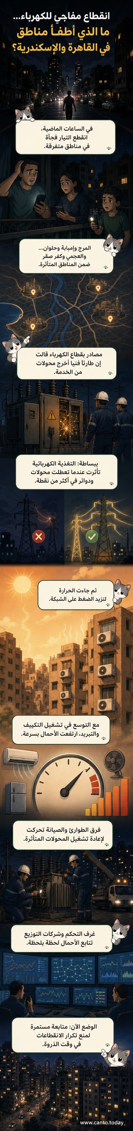 رسم توضيحي يظهر مناطق في مصر مثل القاهرة والإسكندرية والشرقية مع إشارات إلى انقطاعات كهرباء بسبب ارتفاع الحرارة وزيادة الأحمال على المحولات