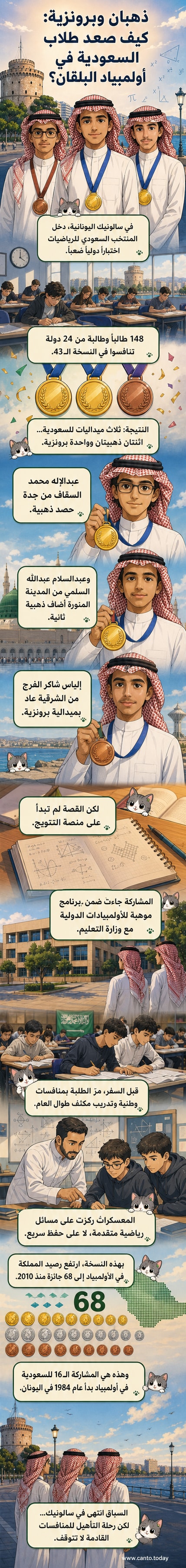 رسم توضيحي يظهر ثلاثة طلاب سعوديين يرتدون الزي الوطني، يقفون على منصة التتويج مع رفع الميداليات الذهبية والبرونزية، في خلفية علم المملكة العربية السعودية وشعار أولمبياد البلقان للرياضيات.