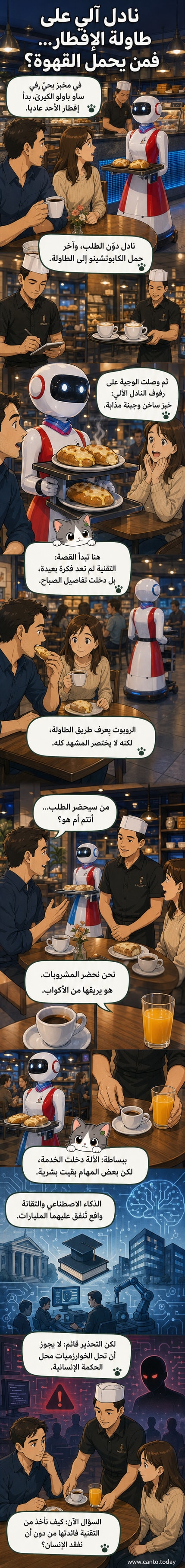 روبوت أربع رفوف يحمل وجبات إفطار في مخبز برازيلي، بينما يقف نادل بشري بجانبه