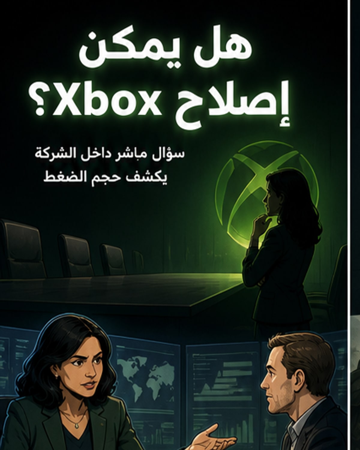 رسم توضيحي يظهر رئيسة Xbox تسأل مسؤول الاستراتيجية عن إمكانية إصلاح العلامة التجارية، في بيئة عمل حديثة مع شاشات تعرض بيانات الأداء