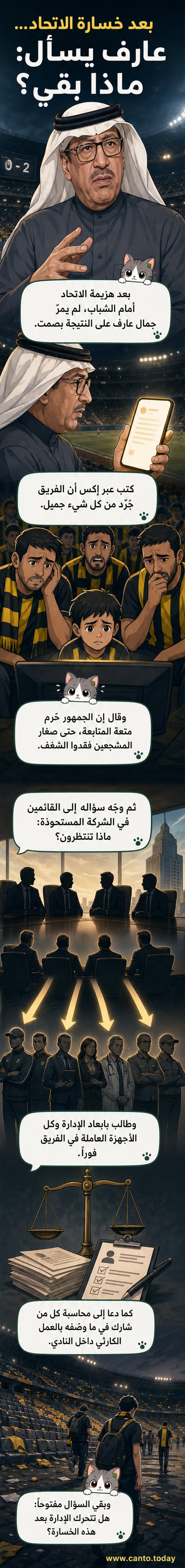 رسم كاريكاتيري للاعب اتحادي ينظر إلى شعار النادي مكسورًا، بينما يقف خلفه مسؤولون بملامح غامضة