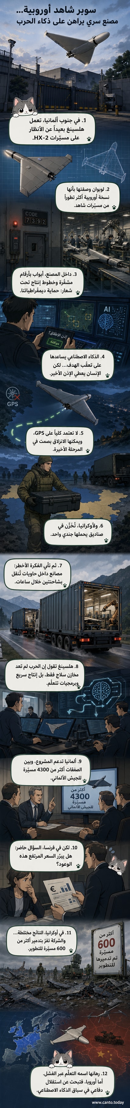 رسم توضيحي لمُسيرة HX-2 الذكية في بيئة مصنع سري بألمانيا، مع عرض لأنظمة الملاحة المتقدمة والذكاء الاصطناعي