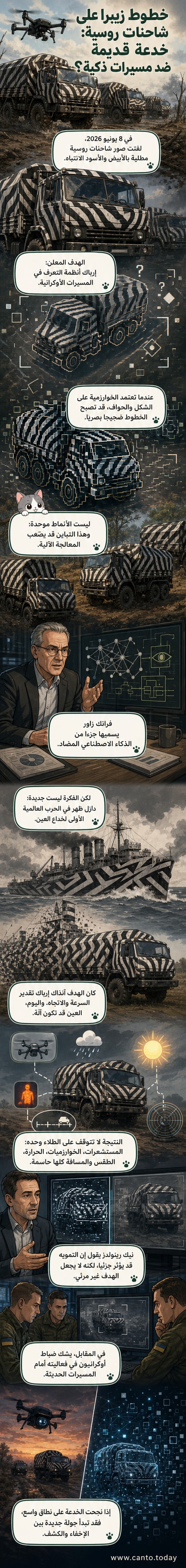 صورة لشاحنة روسية مطليّة بنمط أبيض وأسود يشبه الحمار الوحشي، كجزء من تكتيك تمويه بصري ضد الطائرات المسيرة.