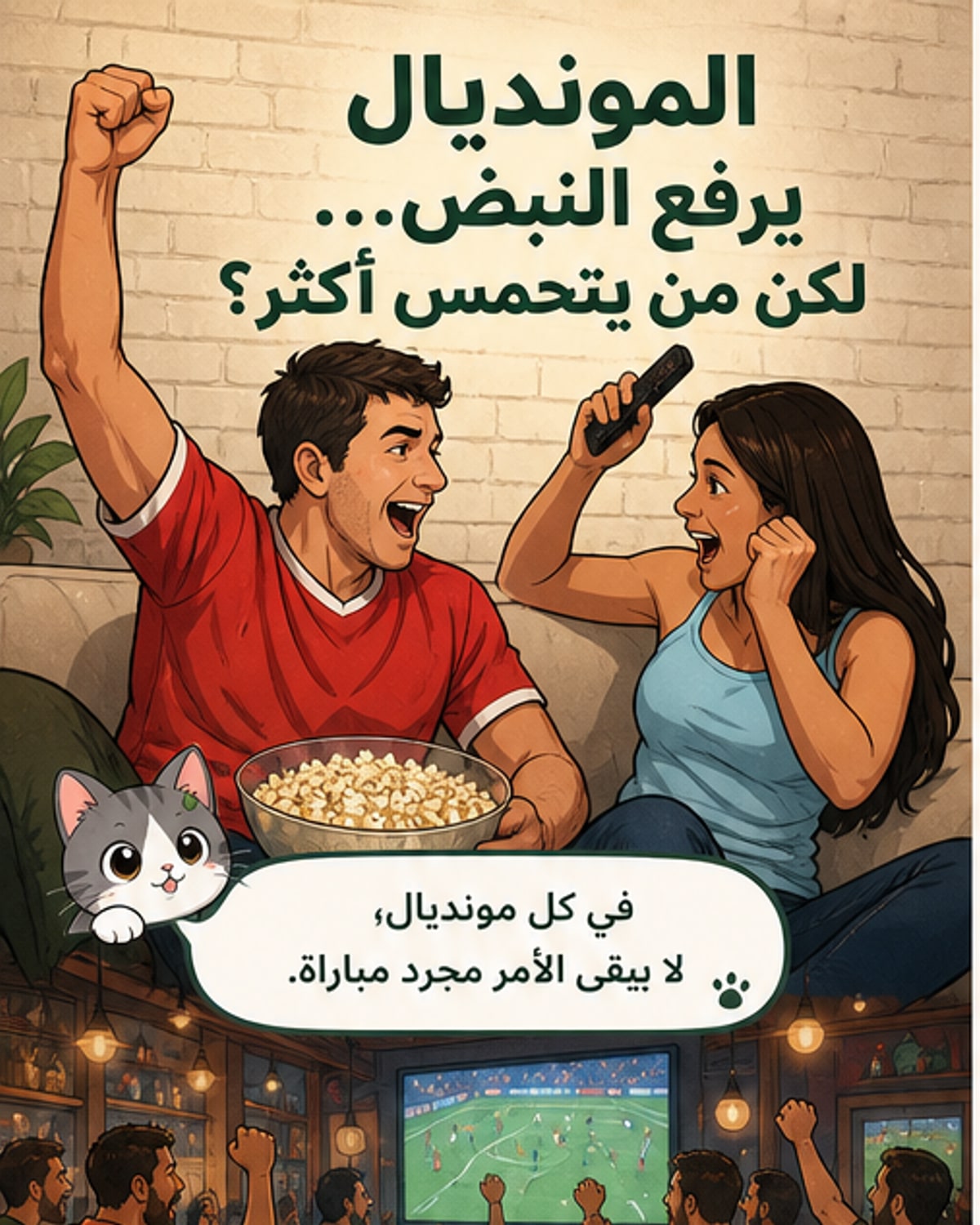 رسم توضيحي لدماغ شخص يشاهد مباراة كرة قدم، مع إضاءة على مناطق التوتر والمكافأة، وخلفية جماهيرية متحمسة من مشجعين رجال ونساء
