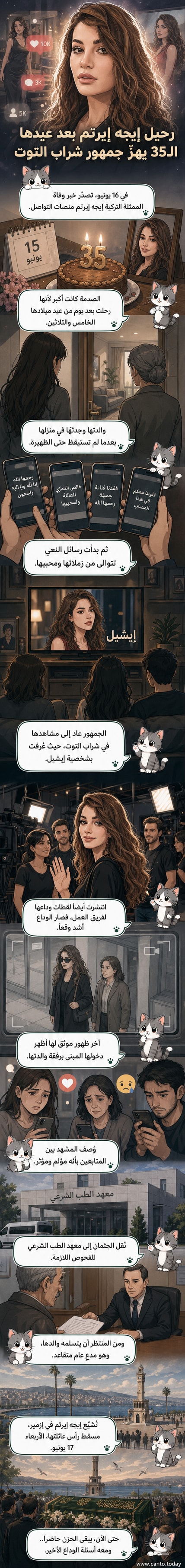 صورة تعبيرية للفنانة التركية إيجه إيرتم بملابس درامية، مع خلفية مظلمة ترمز إلى الحزن والوداع.