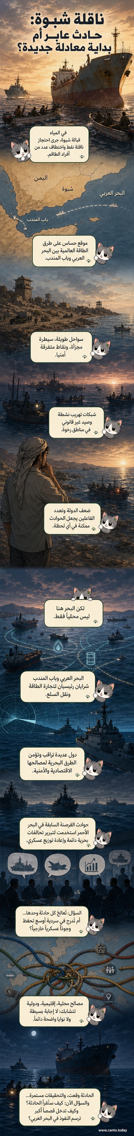 رسم توضيحي لسفينة نفط محاطة بزوارق صغيرة قبالة ساحل صحراوي، مع طائرات مراقبة في الأفق، ترمز إلى التوتر الأمني في البحر العربي.