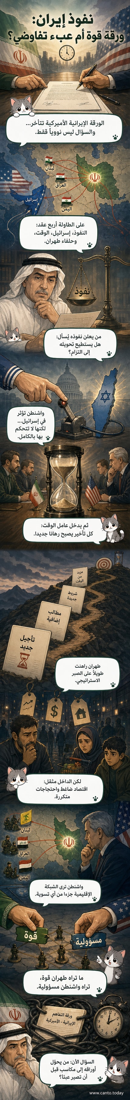 رسم توضيحي يظهر طاولة مفاوضات بين إيران والولايات المتحدة، مع خريطة للشرق الأوسط تُبرز النفوذ في لبنان، العراق، واليمن، وساعة رملية ترمز إلى ضغط الزمن.