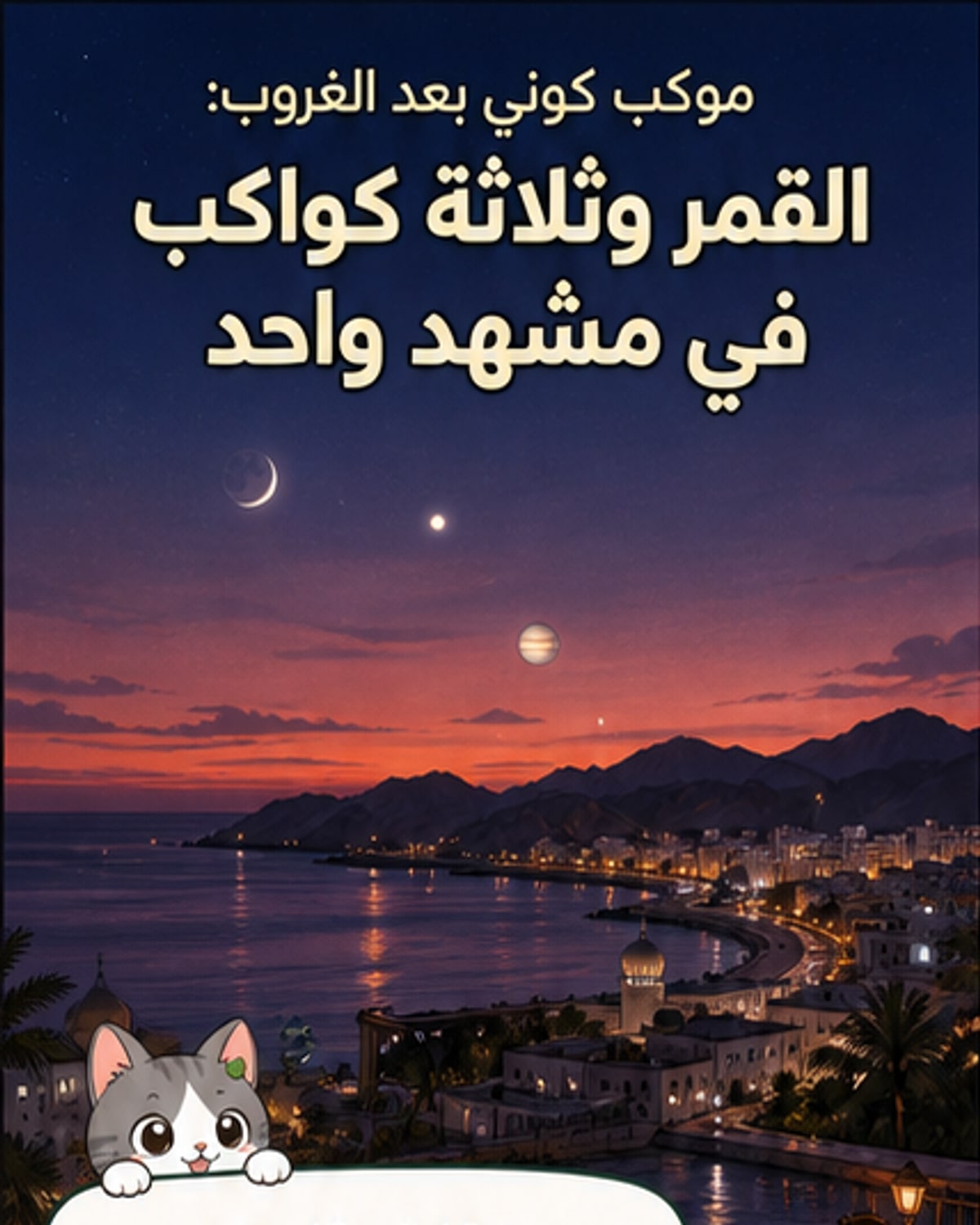 رسم تخيلي لظاهرة اقتران الكواكب في 18 يونيو 2026، تظهر فيها الزهرة والمشتري وعطارد والقمر متقاربة في الأفق الغربي، مع خلفية سماء مسائية وتفاصيل أرضية.
