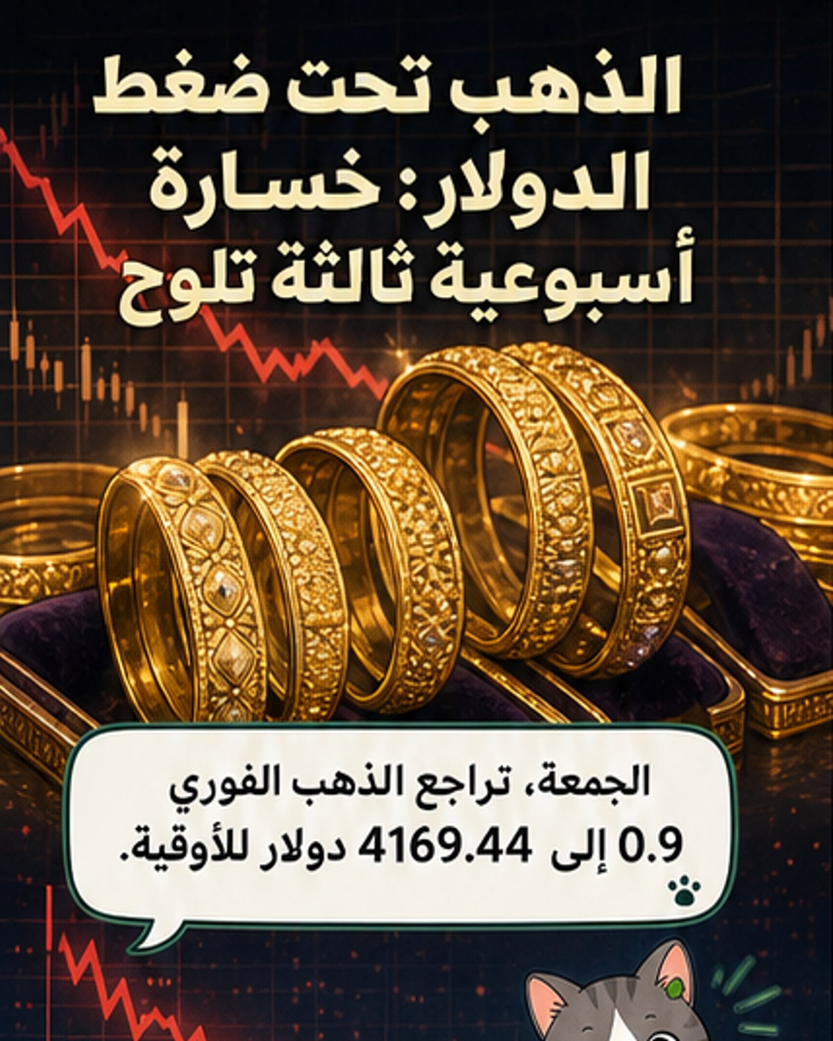رسم بياني يوضح انخفاض سعر الذهب مع مؤشرات على قوة الدولار وارتفاع توقعات الفائدة الأمريكية